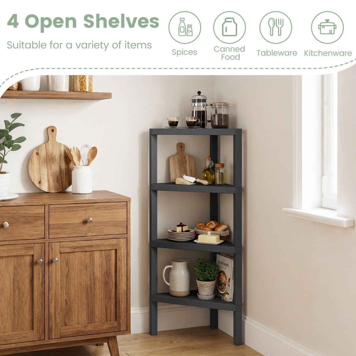 LIVSK Hoekrek 4-Laags - Ruimtebesparend Ontwerp - Hoogwaardige PP-Constructie - Eenvoudige Montage - Zwart