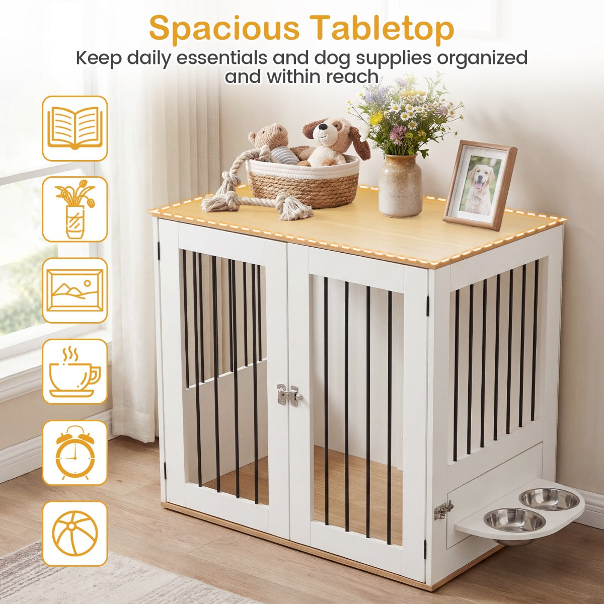 LIVSK Hondenbench - Multifunctioneel Meubel - Veilig Vergrendelingssysteem - Draaibare Voerbakken - 80 x 55,5 x 71,5 cm - Wit