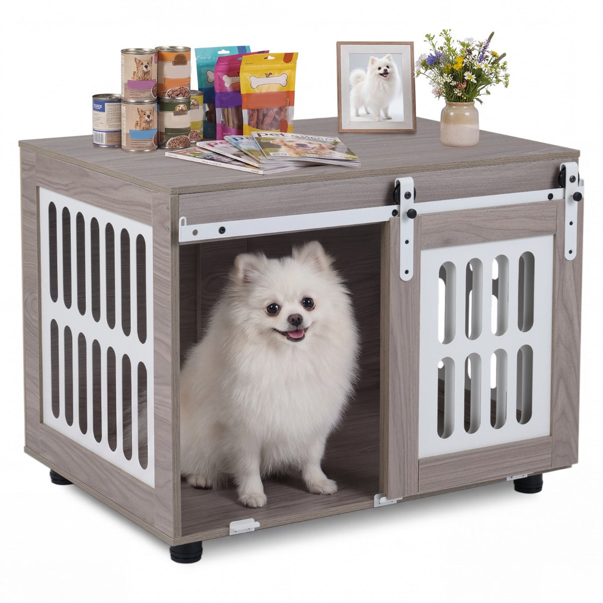 LIVSK Hondenbench - Schuifdeur met Slot - Robuuste Metalen Deur - Metalen Ramen - Voor Kleine tot Middelgrote Honden - Grijs