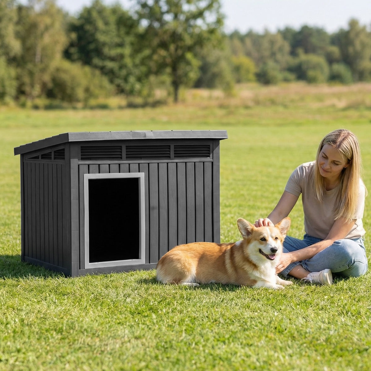 LIVSK Hondenhok voor Binnen en Buiten - Weerbestendig - Opklapbaar Dak - Duurzaam PP-Materiaal - Voor Middelgrote Honden - Zwart