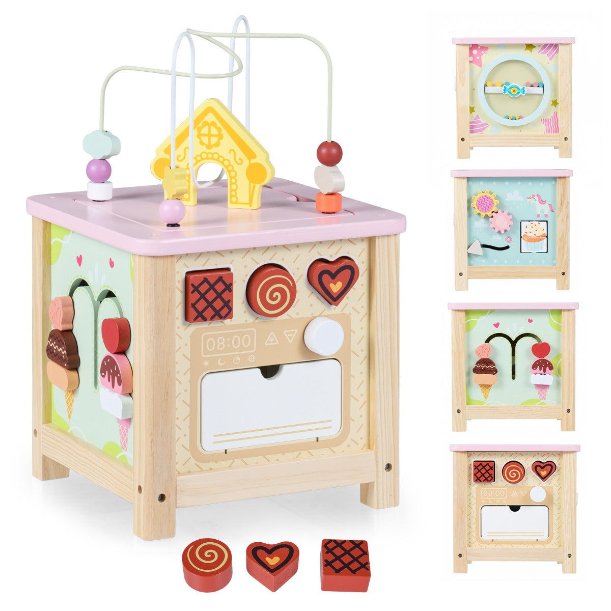 LIVSK Houten Activiteitenkubus - Montessori Speelgoed - 3 Verwijderbare Blokken - Realistische Keuken - Veelkleurig