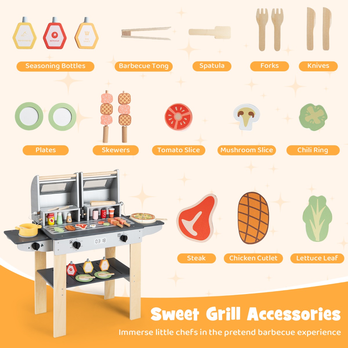 LIVSK Houten Barbecue-Speelset - Veilige Sluiting - Realistische Accessoires - Stimuleert Creativiteit - Grijs