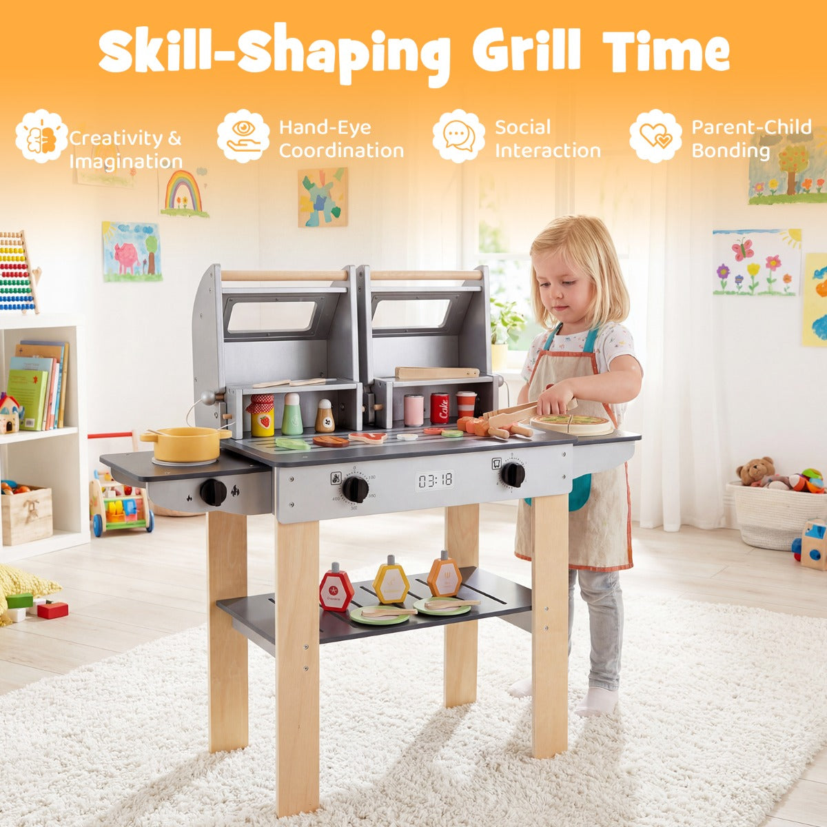 LIVSK Houten Barbecue-Speelset - Veilige Sluiting - Realistische Accessoires - Stimuleert Creativiteit - Grijs