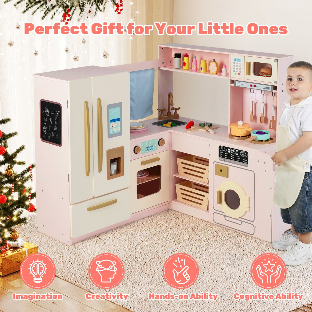 LIVSK Houten Hoekkeuken - Realistische Licht- en Geluidseffecten - Ruimtebesparend Ontwerp - Inclusief Accessoires - Roze
