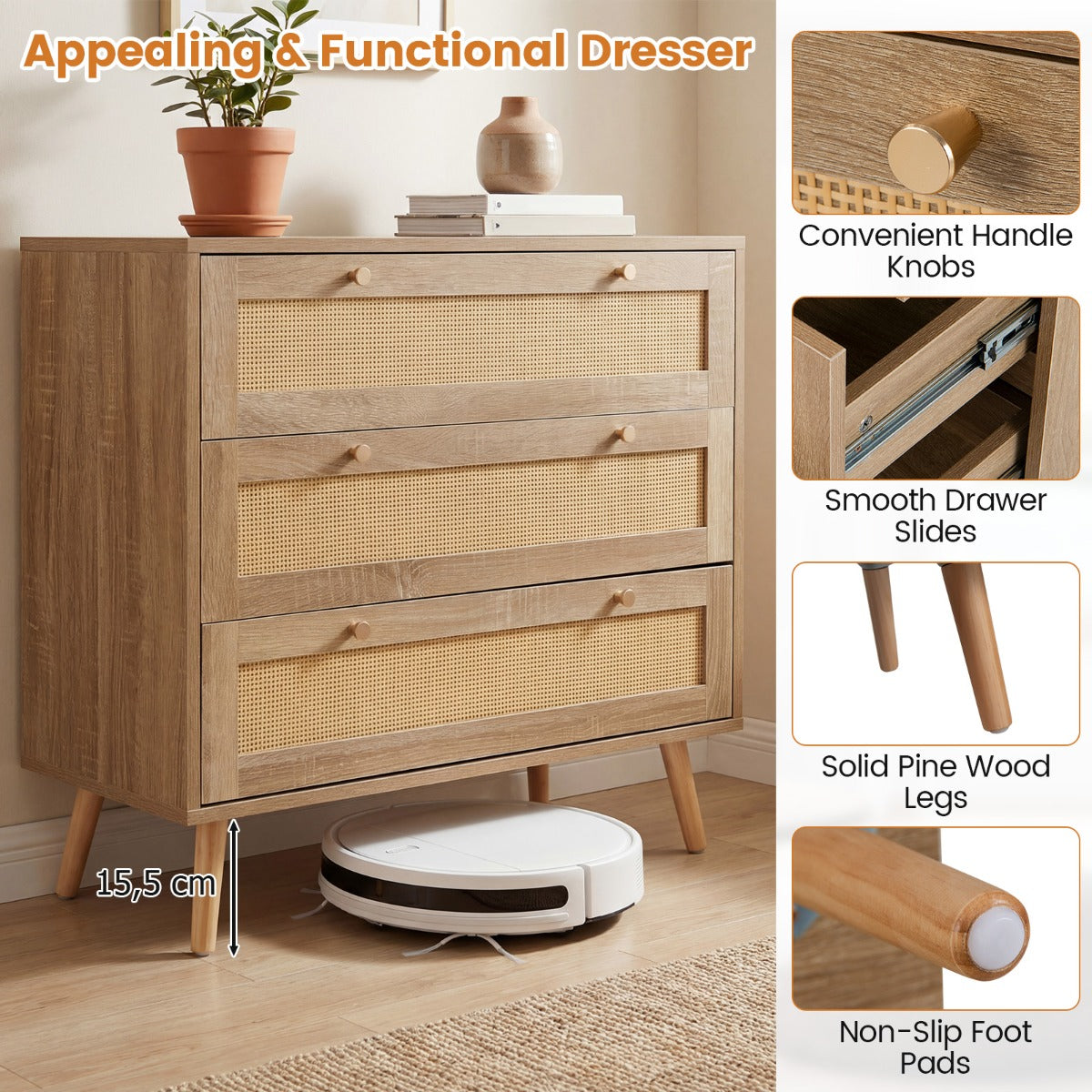 LIVSK Houten Nachtkastje - Elegant Rotanontwerp - 3 Ruime Lades - Robuuste Constructie - Naturel