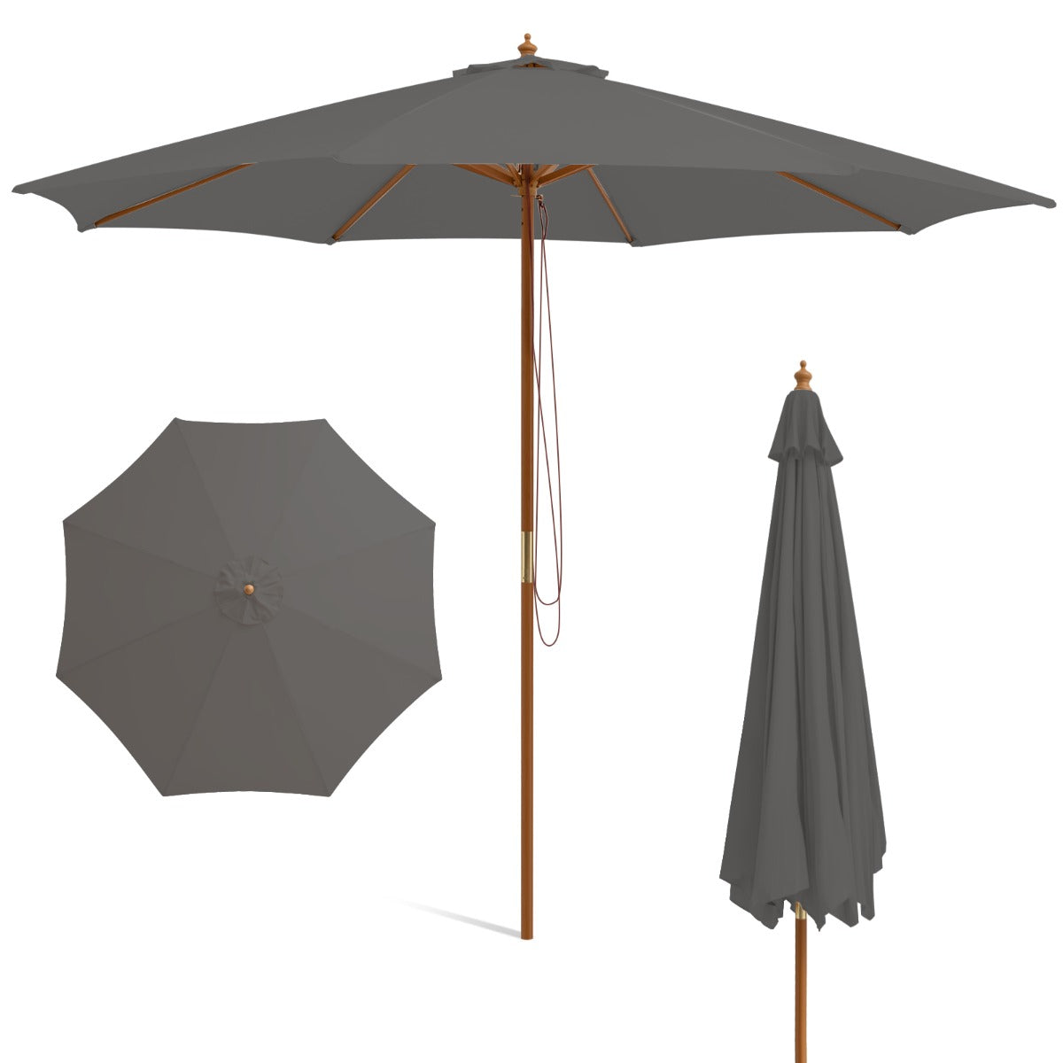 LIVSK Houten Parasol - 300 cm - Geventileerd Polyester - 8 Bamboostokken - Eenvoudige Montage - Grijs/Blauw/Wijnrood/Beige