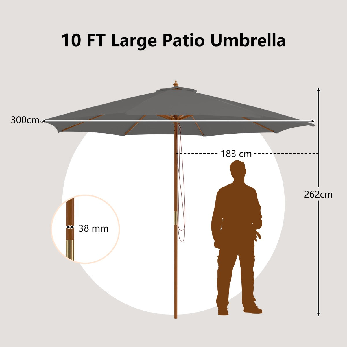 LIVSK Houten Parasol - 300 cm - Geventileerd Polyester - 8 Bamboostokken - Eenvoudige Montage - Grijs/Blauw/Wijnrood/Beige