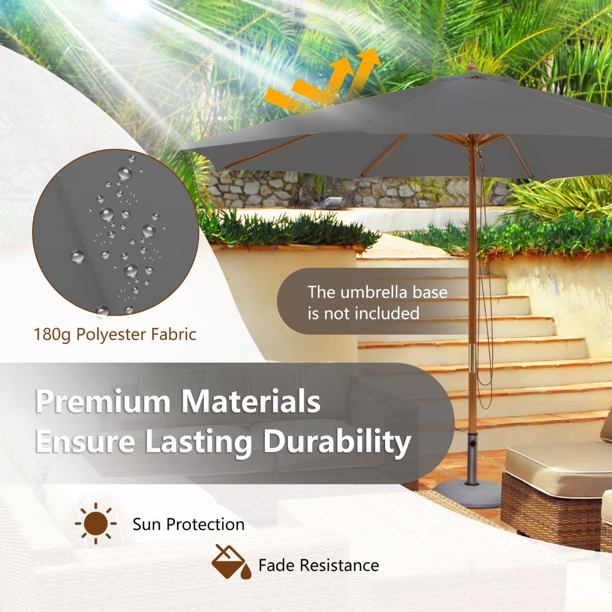 LIVSK Houten Parasol - 300 cm - Geventileerd Polyester - 8 Bamboostokken - Eenvoudige Montage - Grijs/Blauw/Wijnrood/Beige