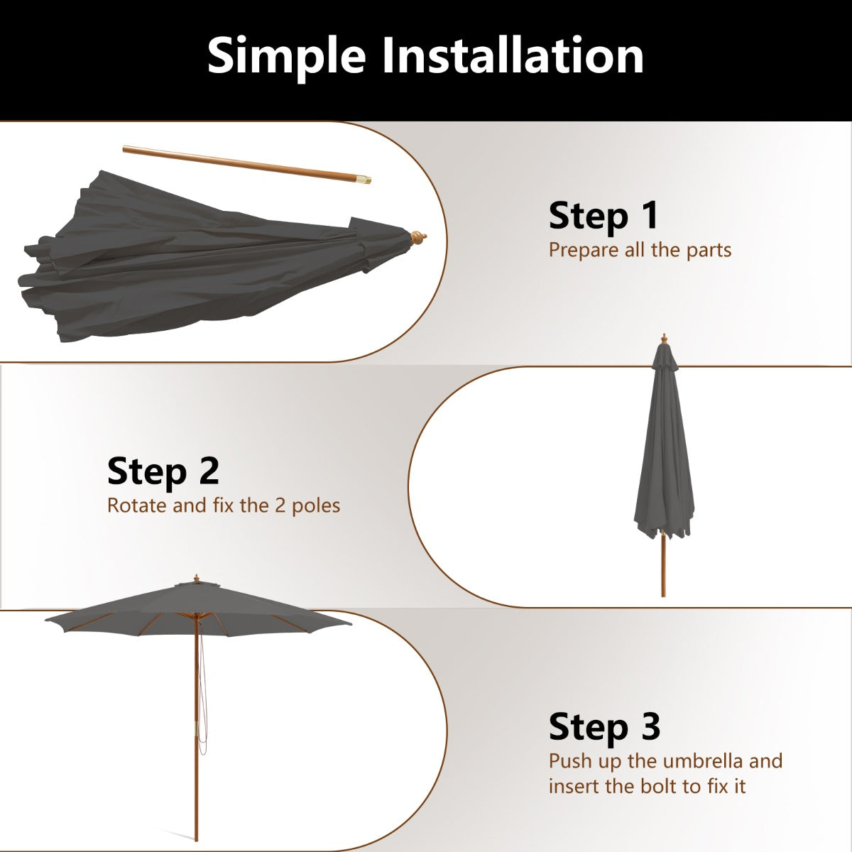 LIVSK Houten Parasol - 300 cm - Geventileerd Polyester - 8 Bamboostokken - Eenvoudige Montage - Grijs/Blauw/Wijnrood/Beige