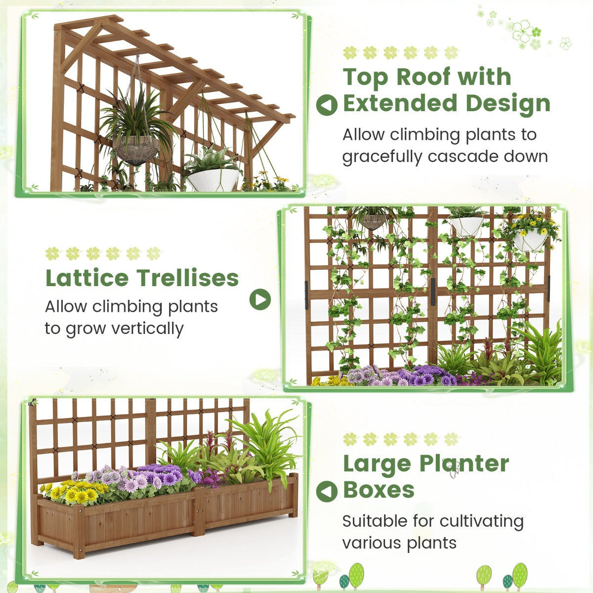 LIVSK Houten Plantenbak met Latwerk - 2 Ruime Bloembakken - Weerbestendig Dennenhout - Afwateringsgaten - Koffie Bruin