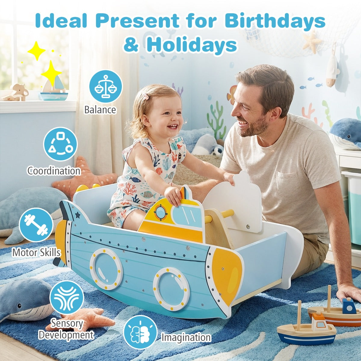 LIVSK Houten Schommelboot - Stevige Handgreep - Draaibare Propeller - Veilig en Comfortabel - Voor Kinderen - Blauw