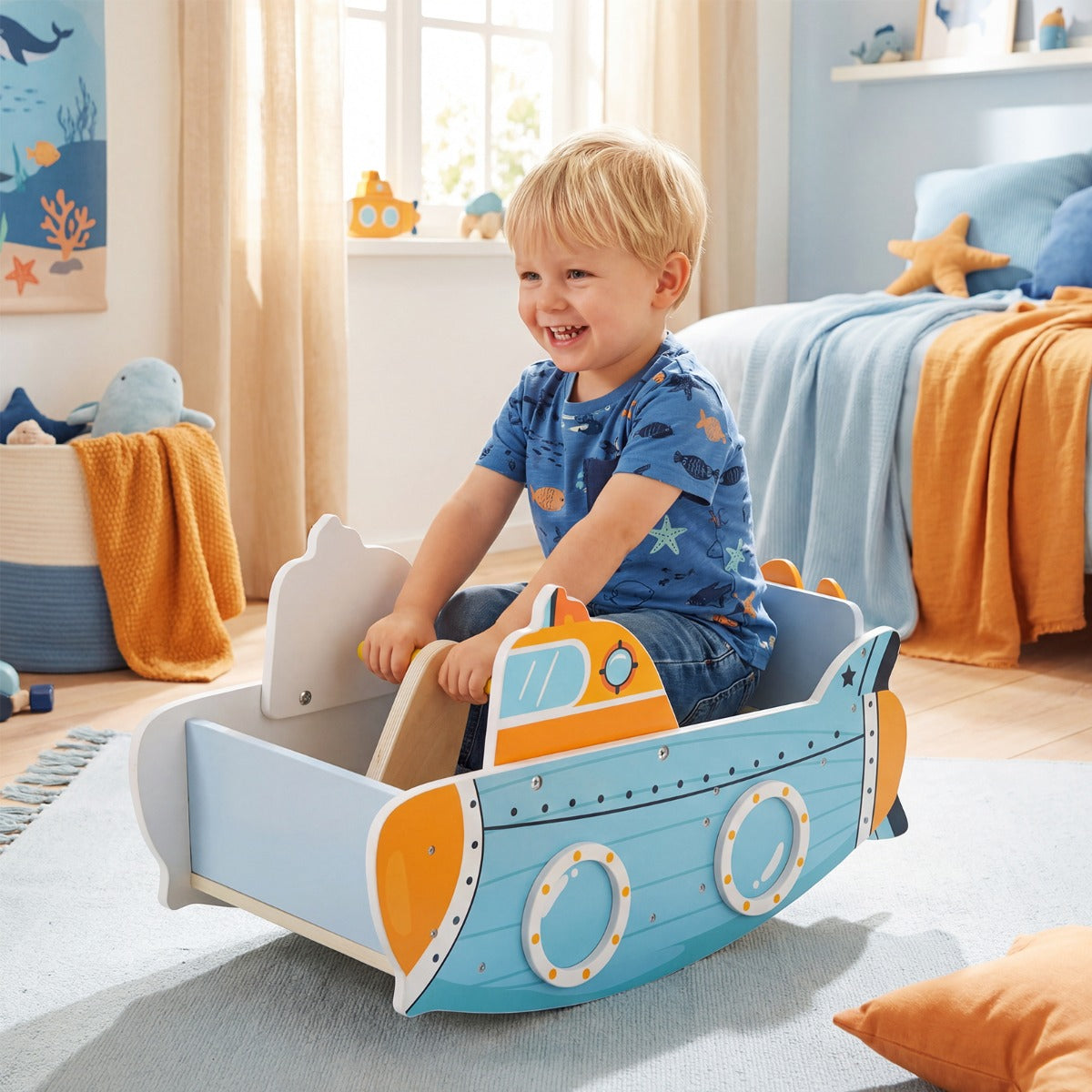 LIVSK Houten Schommelboot - Stevige Handgreep - Draaibare Propeller - Veilig en Comfortabel - Voor Kinderen - Blauw