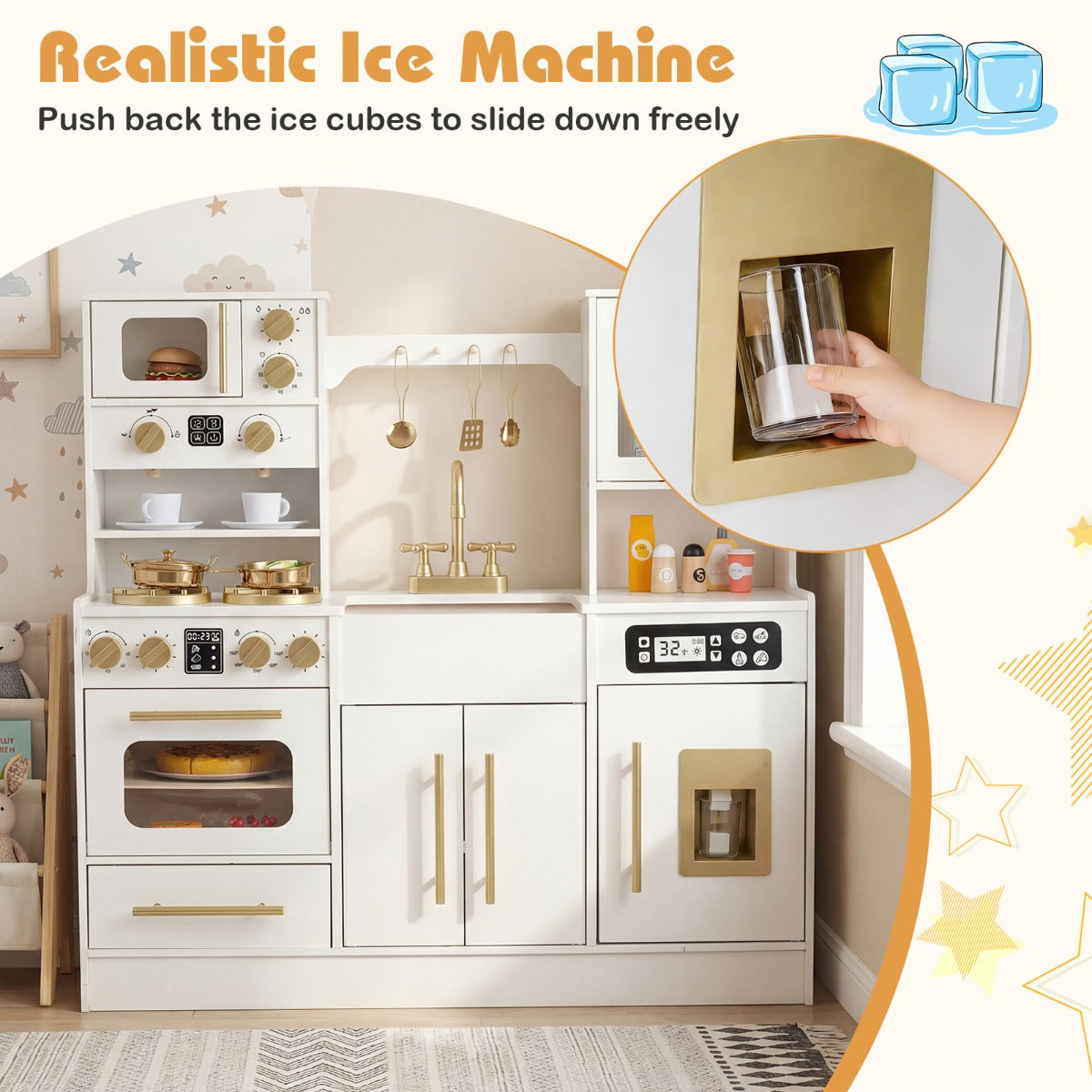 LIVSK Houten Speelkeuken - Realistische Licht- en Geluidseffecten - Multifunctioneel met IJsblokjesmachine - Veilig Ontwerp -