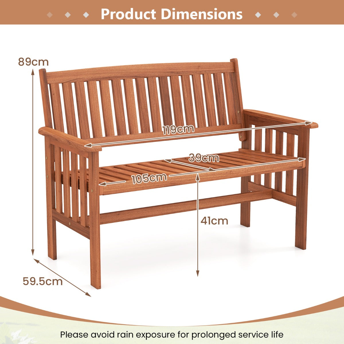 LIVSK Houten Tuinbank - Stevig Frame - Ergonomische Rugleuning - Ruime Zitting voor 2 Personen - Naturel