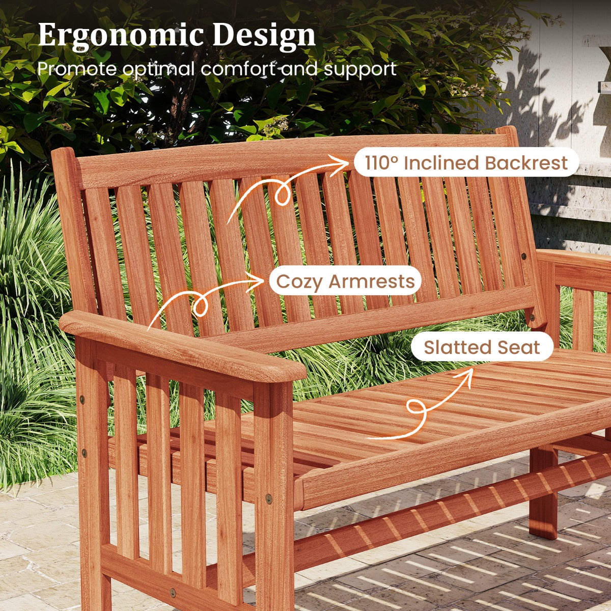 LIVSK Houten Tuinbank - Stevig Frame - Ergonomische Rugleuning - Ruime Zitting voor 2 Personen - Naturel
