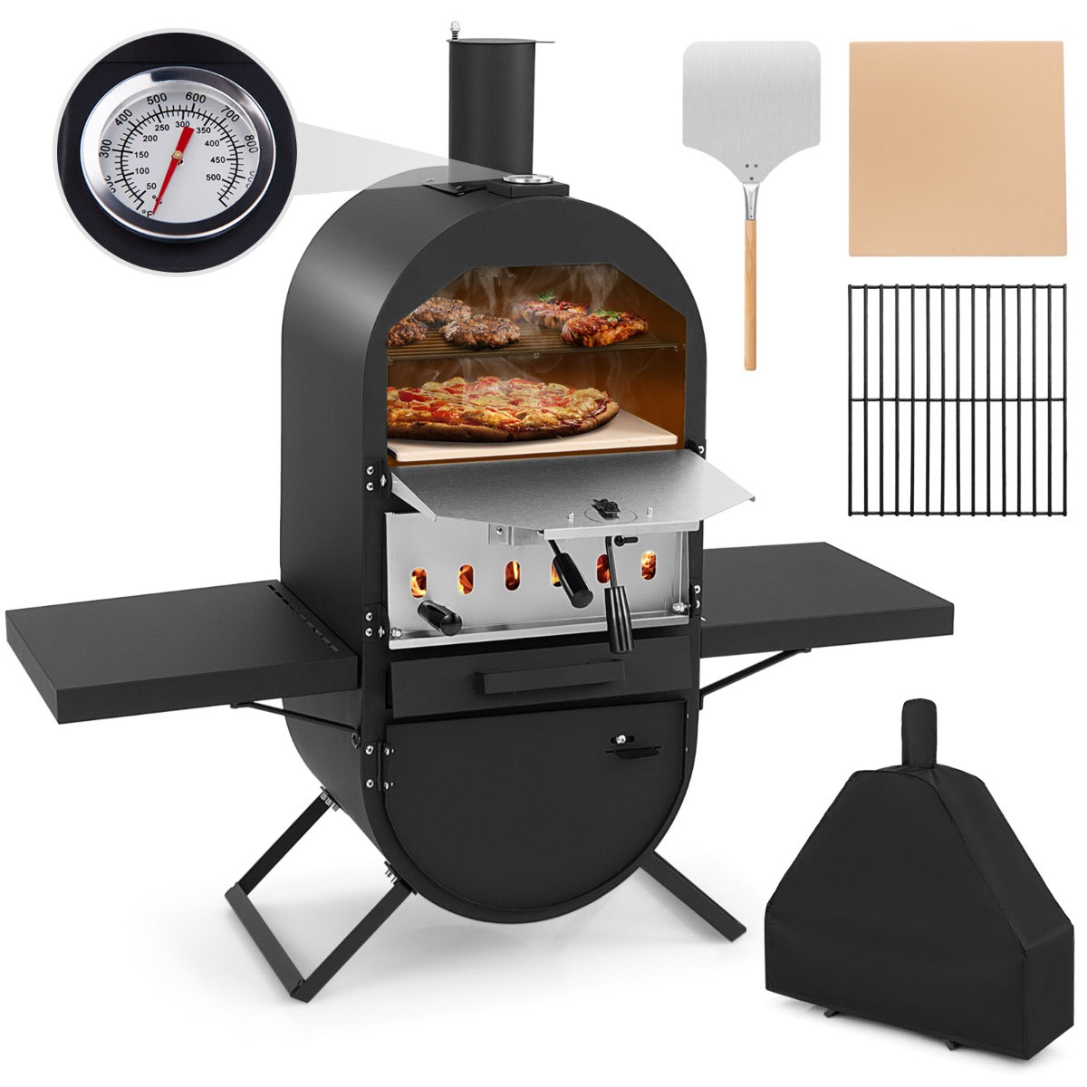 LIVSK Houtgestookte Pizzaoven - 2-laags Kookzone - Thermometer - Robuust Metaal - Inclusief Beschermhoes - Zwart
