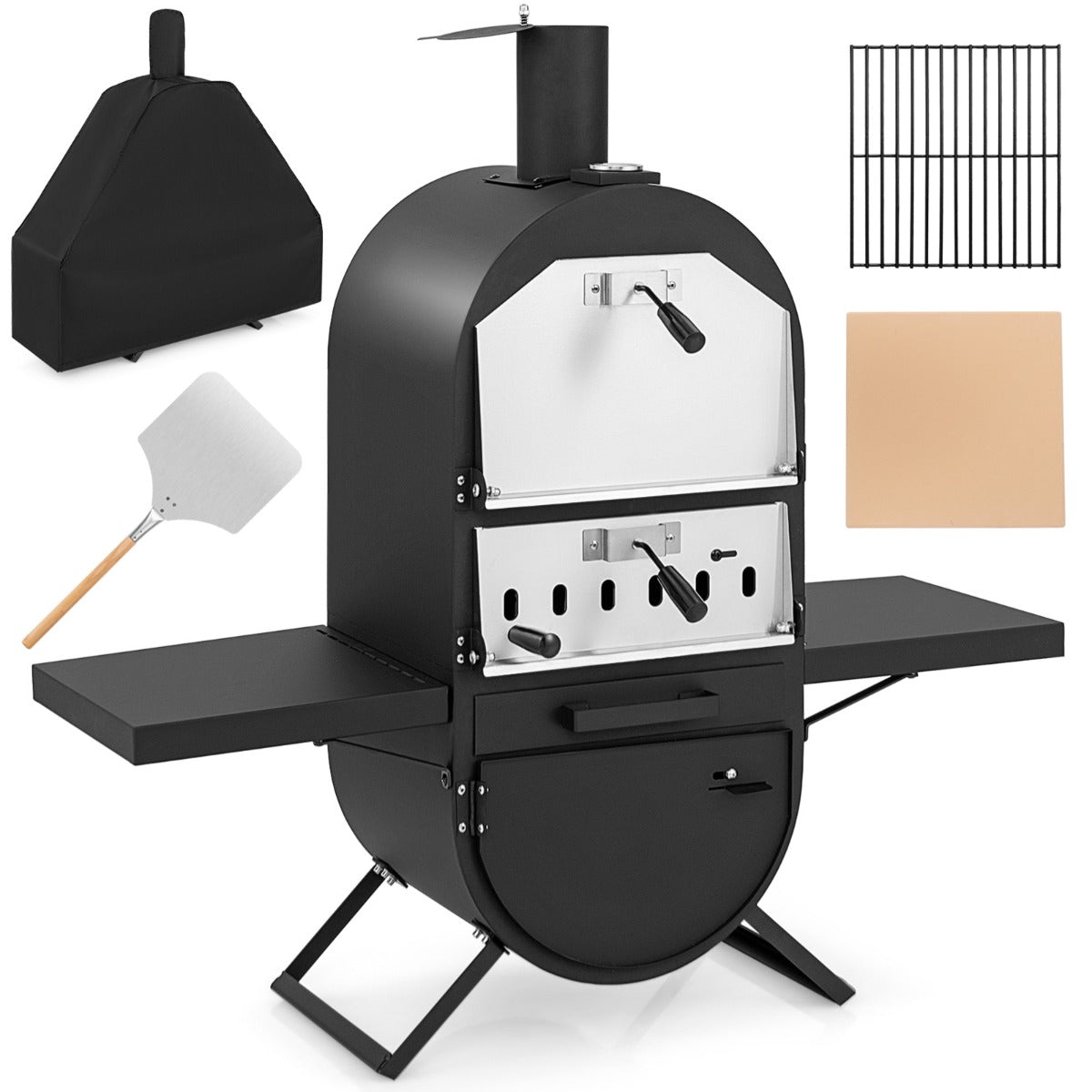 LIVSK Houtgestookte Pizzaoven - 2-laags Kookzone - Thermometer - Robuust Metaal - Inclusief Beschermhoes - Zwart