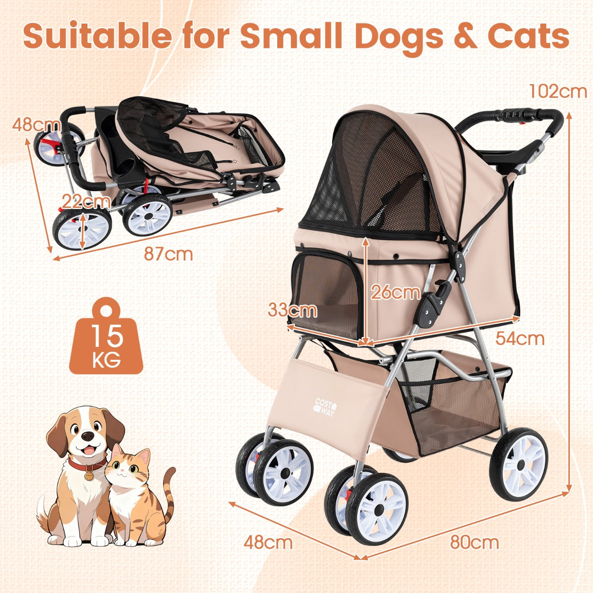 LIVSK Huisdierenwagen - Water-, Kras- en Bijtbestendig - Verstelbare Kap - Opvouwbaar en Draagbaar - Tot 15 kg - Blauw/Zwart/Beige