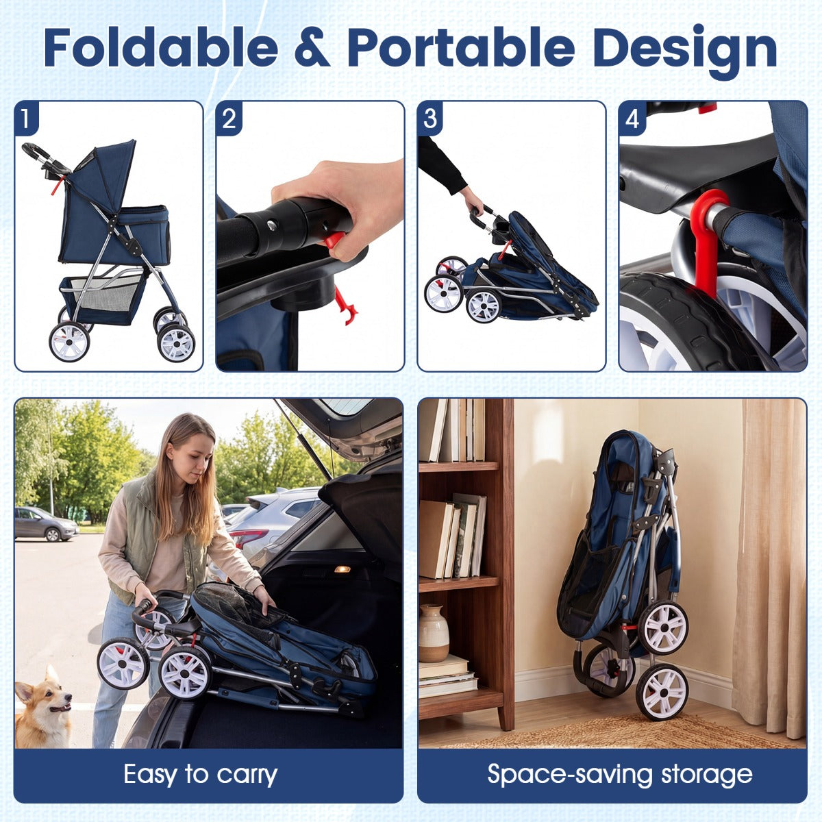 LIVSK Huisdierenwagen - Waterdicht Oxford-Materiaal - Verstelbare Kap - Opvouwbaar en Lichtgewicht - Tot 15 kg - Blauw