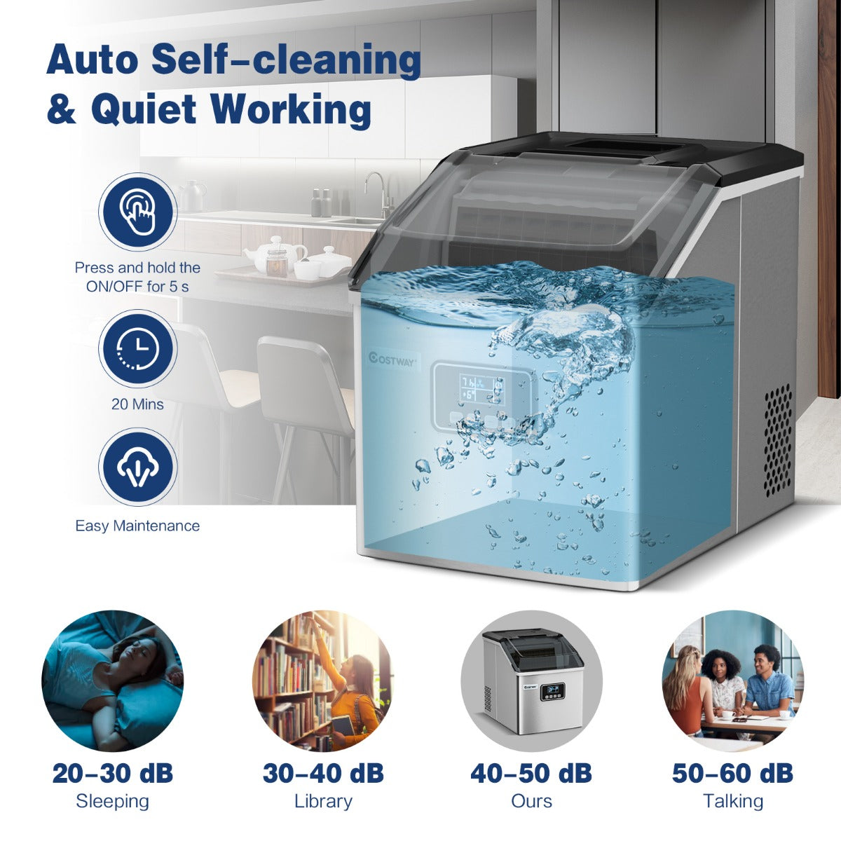 LIVSK IJsblokjesmachine - 18 kg IJs per 24 uur - Roestvrijstalen Behuizing - LCD-display - Zelfreinigend - Zilver