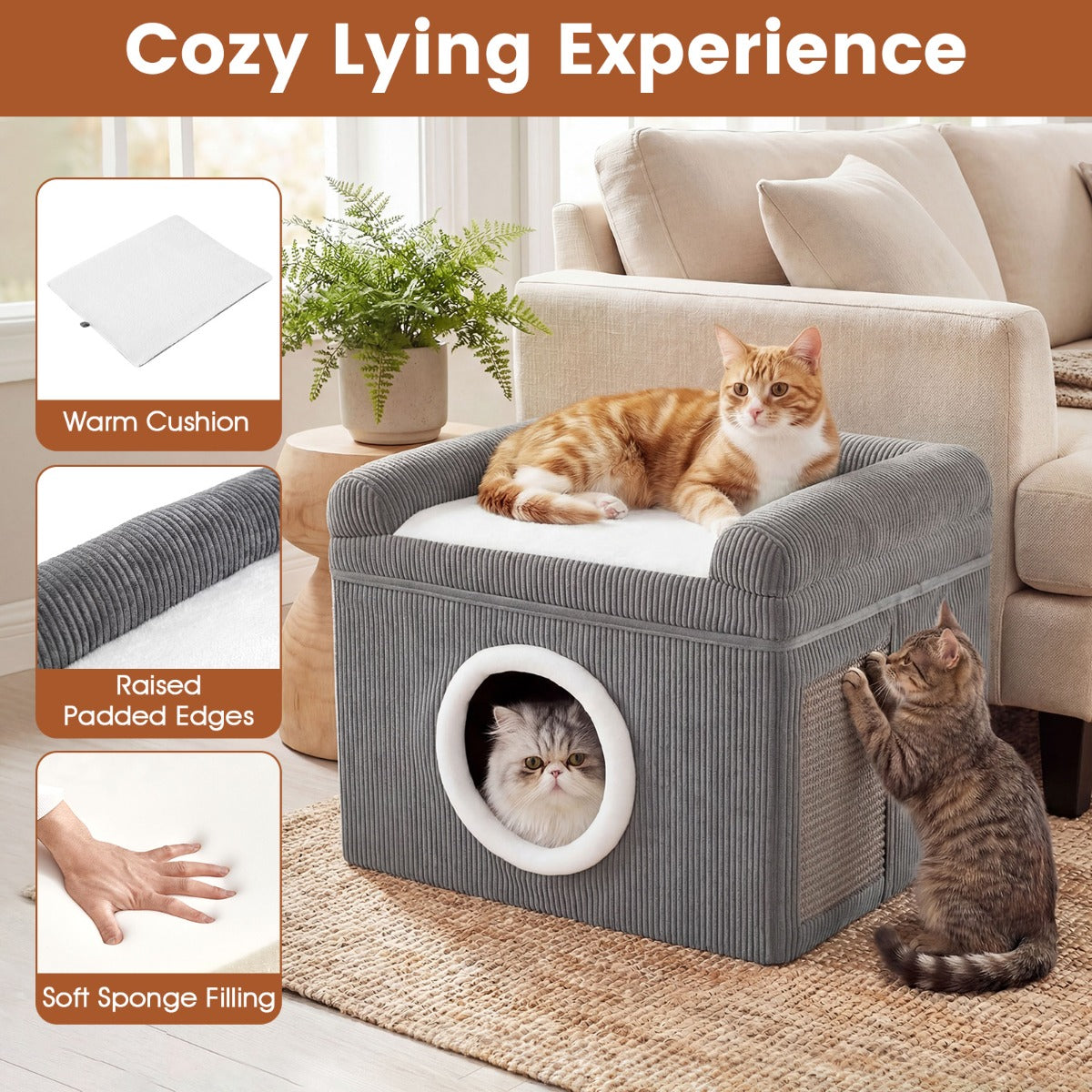 LIVSK Indoor Kattenhuis - Opvouwbaar en Draagbaar - 2-in-1 Ontwerp - Inclusief Sisal Krabmat - Bruin/Grijs