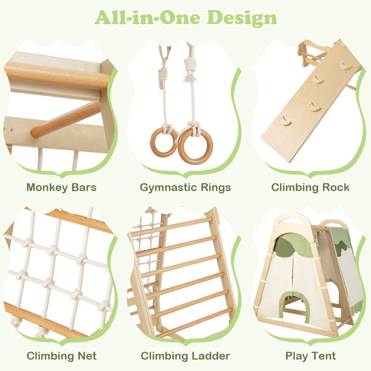 LIVSK Indoor Klimrek - 6-in-1 Speelset - Houten Constructie - Tent Inclusief - Geschikt voor Kinderen Vanaf 3 Jaar - Natuur