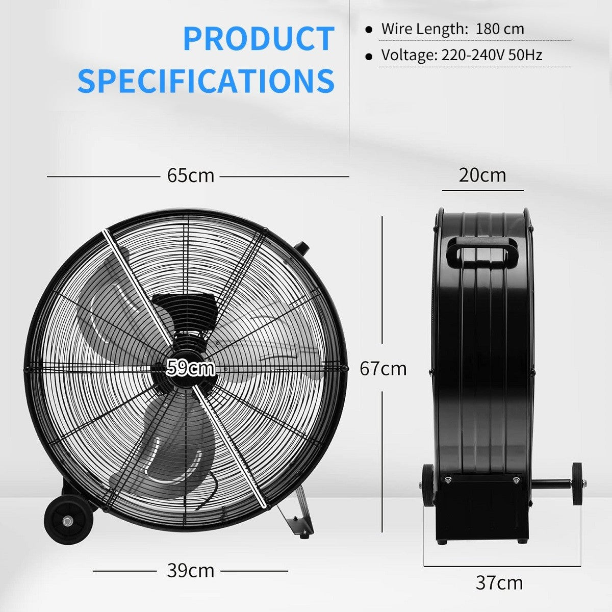 LIVSK Industriële Trommelventilator - 3 Snelheden - Stalen Constructie - Roestvrij Aluminium Bladen - 65 x 37 x 67 cm - Zwart