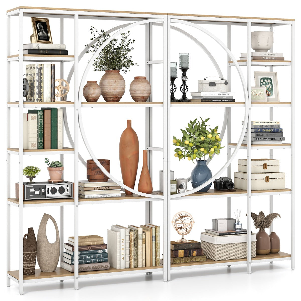 LIVSK Industriële Boekenkast met Verticale Planken - Open Planken - Metalen Frame - Set van 2 - 6-laags - Naturel