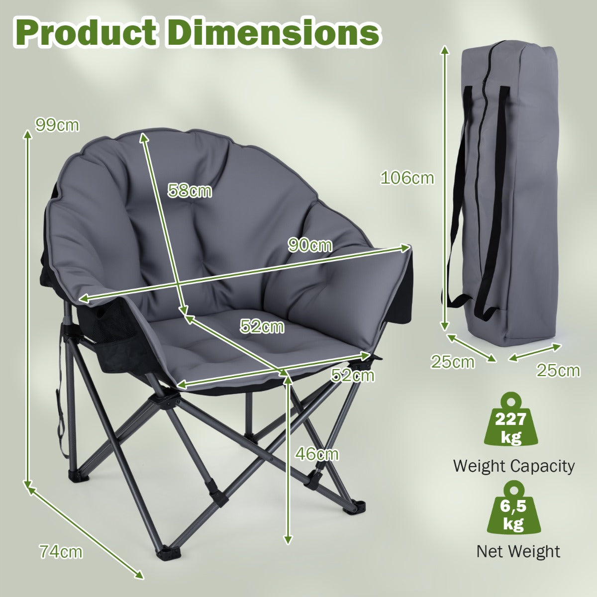 LIVSK Kampeerstoel - Draagvermogen 227 kg - Ergonomisch Ontwerp - Inclusief Bekerhouder - Lichtgewicht en Opvouwbaar - Groen/Grijs