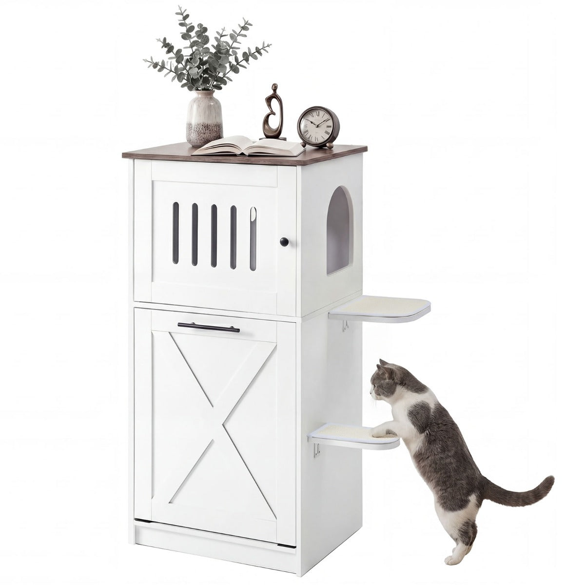 LIVSK Kattenbakkast - Modern Industrieel Design - Verstelbaar Opbergvak - Activiteitencentrum - Voor Katten tot 52 x 40 cm - Wit