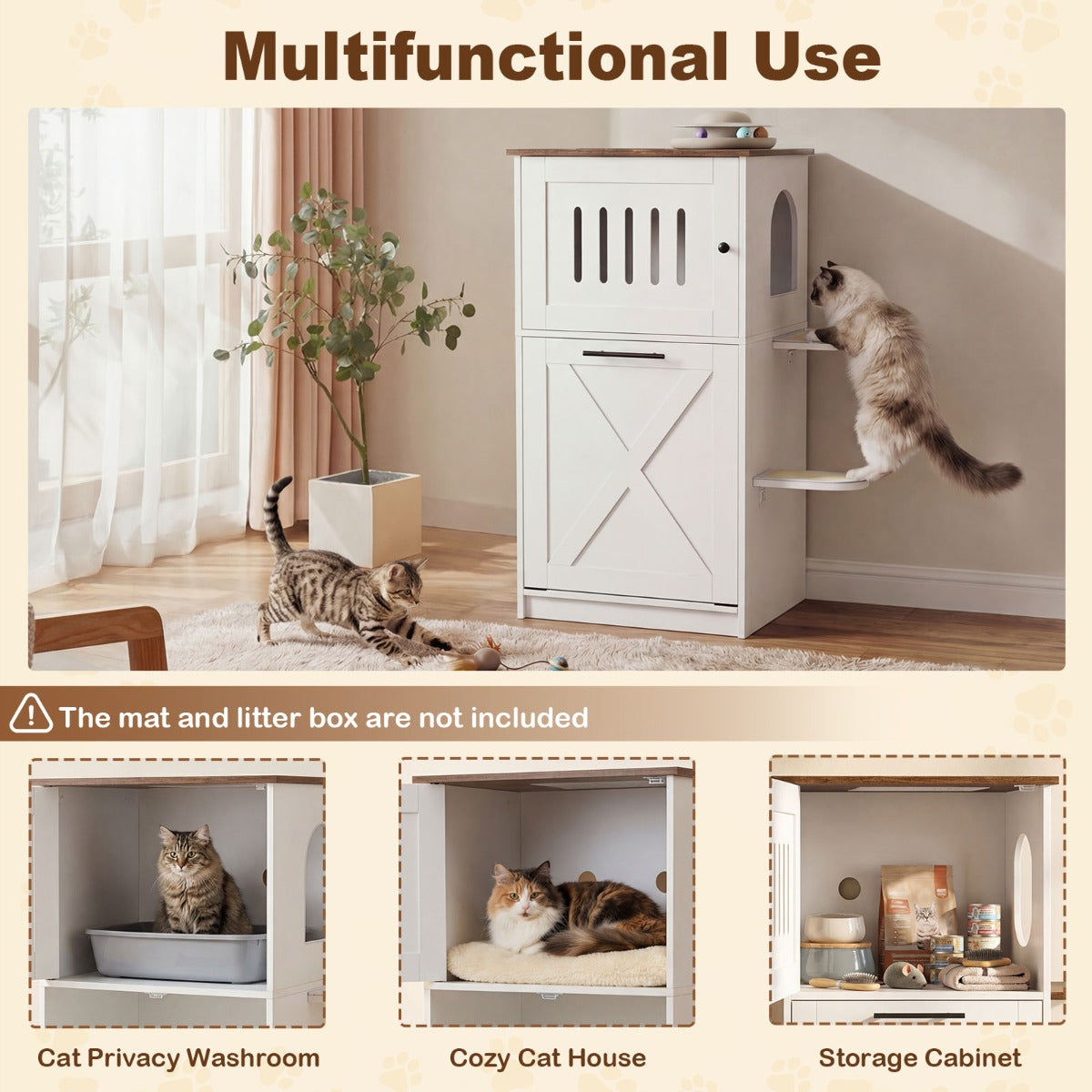 LIVSK Kattenbakkast - Modern Industrieel Design - Verstelbaar Opbergvak - Activiteitencentrum - Voor Katten tot 52 x 40 cm - Wit