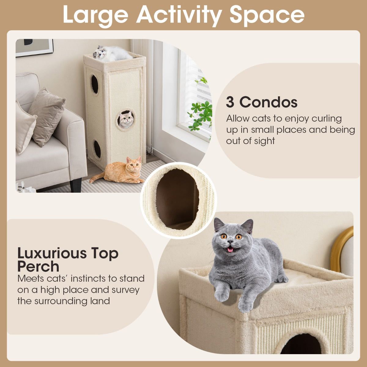 LIVSK Kattenhuis - 4 Verdiepingen - 3 Appartementen - Krabplanken - Afneembare Pluche Kussens - Naturel