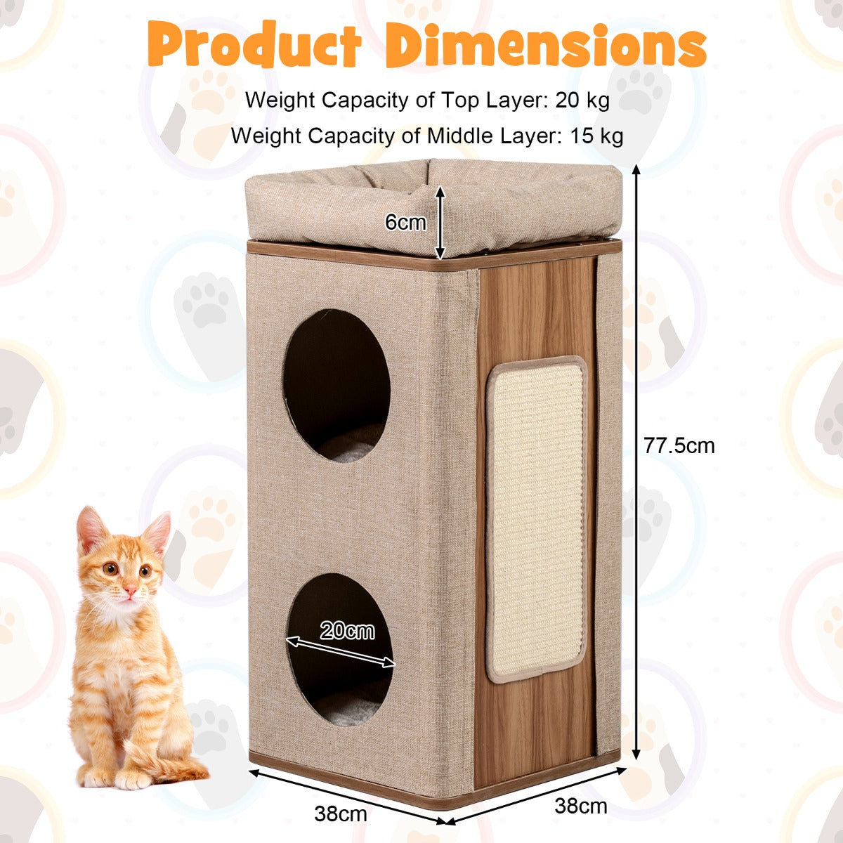 LIVSK Kattenhuis met 3 Verdiepingen - Duurzaam MDF - Inclusief Krabpaal - Eenvoudige Montage - Naturel + Beige