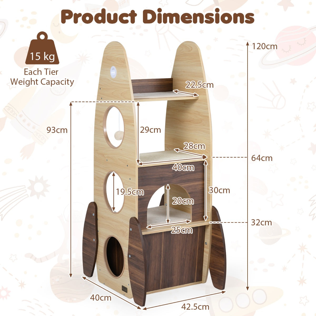 LIVSK Kattentoren met Raketontwerp - 4 Verdiepingen - Krabmat en Hangende Bal - Stabiele Constructie - 42,5 x 40 x 120 cm -