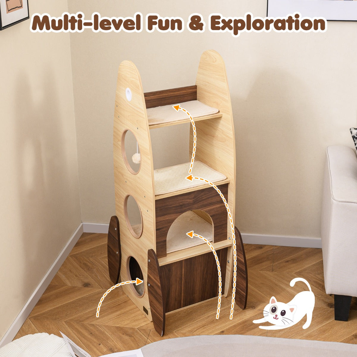 LIVSK Kattentoren met Raketontwerp - 4 Verdiepingen - Krabmat en Hangende Bal - Stabiele Constructie - 42,5 x 40 x 120 cm -