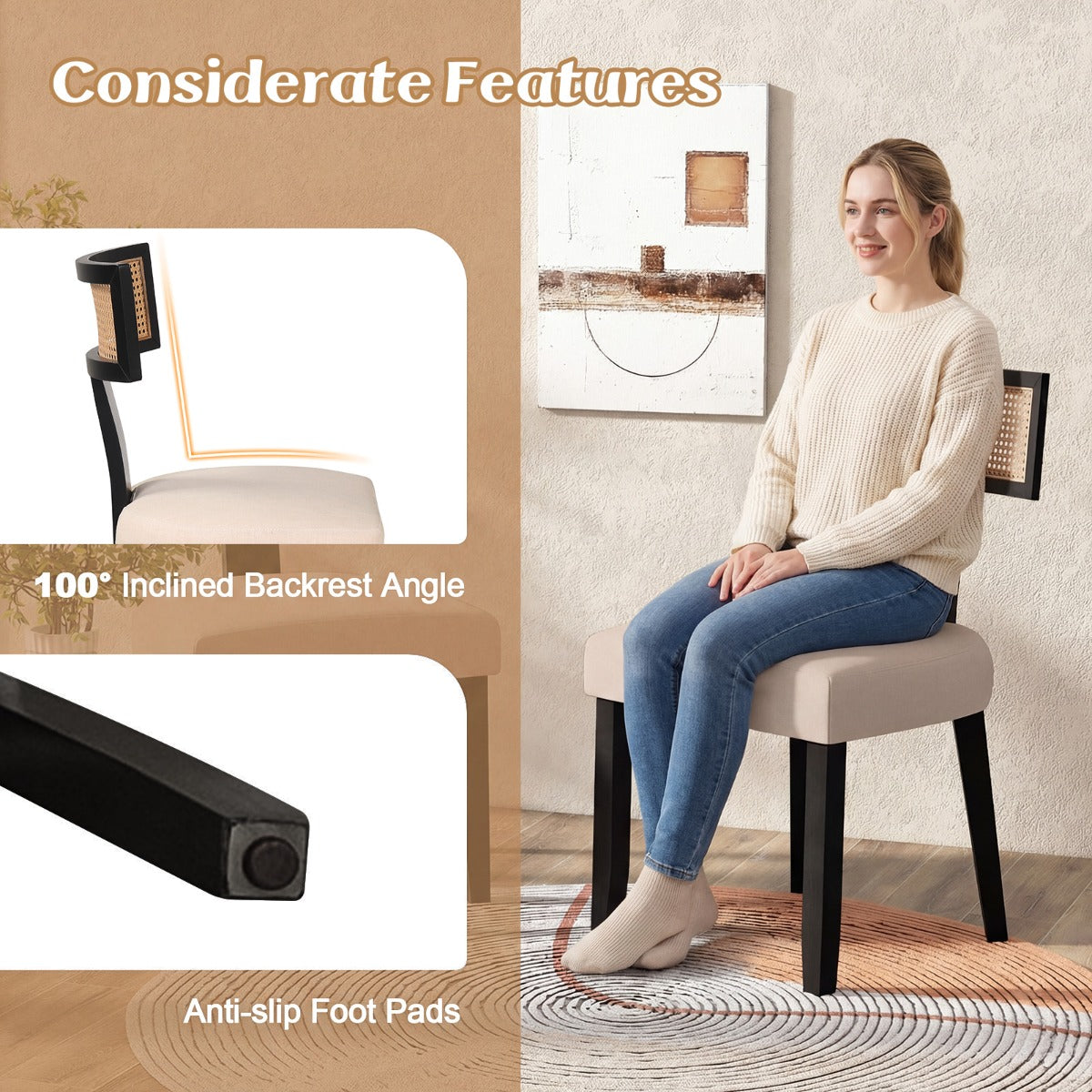 LIVSK Keukenstoel - Massief Hout en Handgeweven Rotan - Ergonomisch en Comfortabel - Tot 180 kg - Beige + Naturel