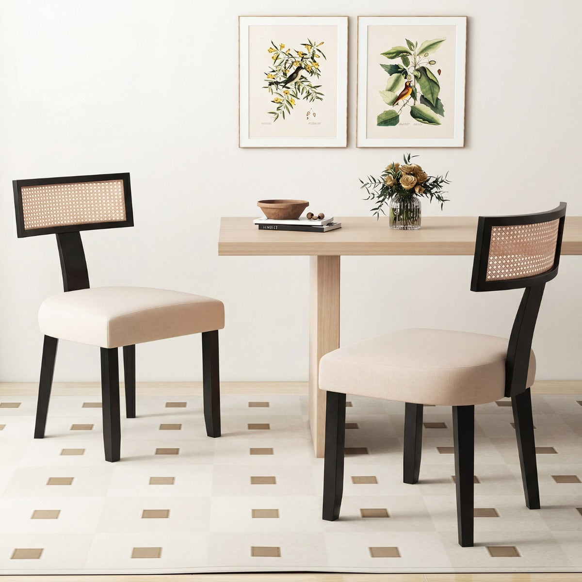 LIVSK Keukenstoel - Massief Hout en Handgeweven Rotan - Ergonomische Zitting - Draagvermogen 180 kg - Beige + Naturel