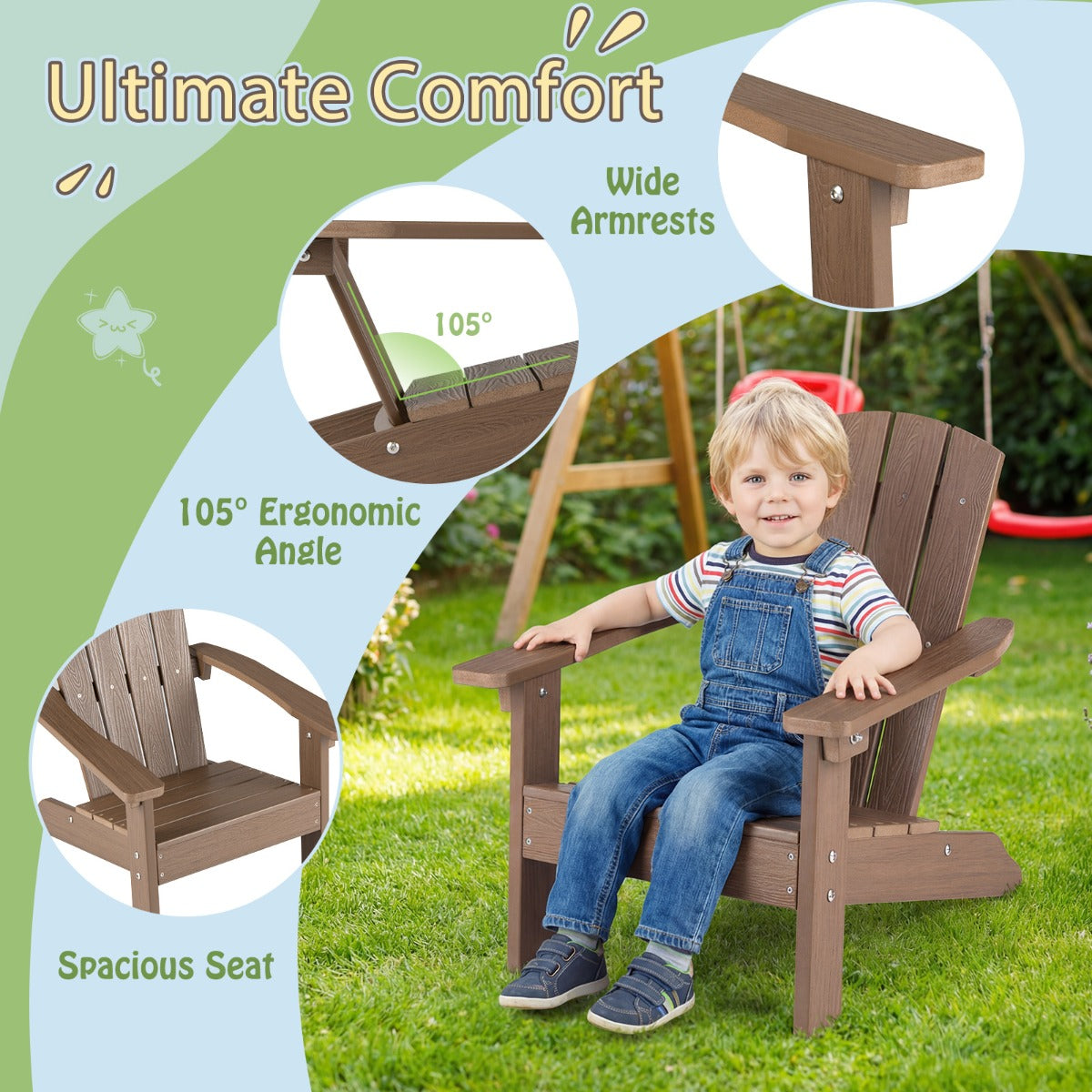 LIVSK Kinder-Adirondack-stoel - HIPS-kunststof - Ergonomische Rugleuning - Voor Binnen en Buiten - 51 x 55,5 x 56 cm - Bruin