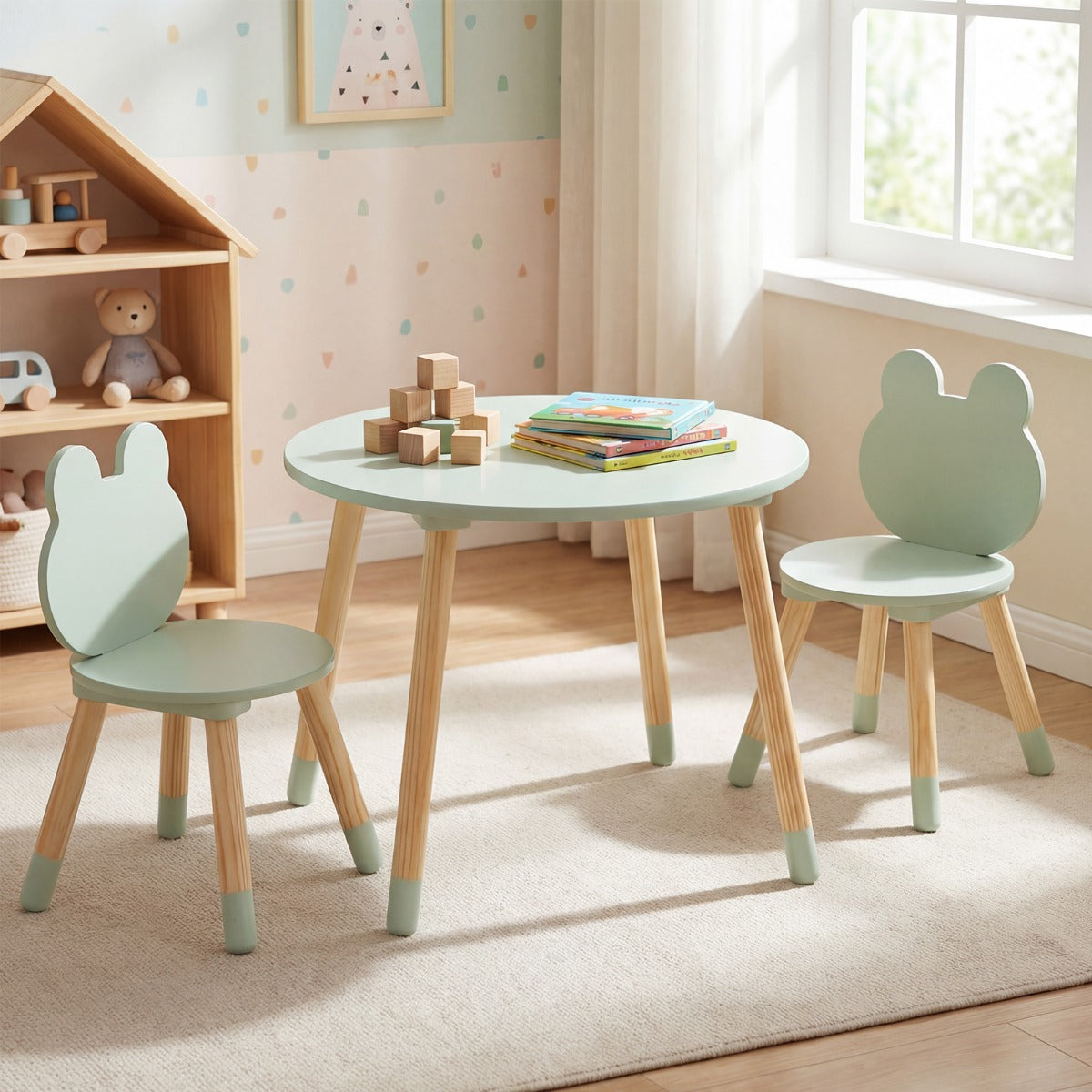 LIVSK Kinder Tafel- en Stoelset - Massief Grenenhout - Veilig met Afgeronde Randen - Kindvriendelijke Afmetingen - Groen/Wit