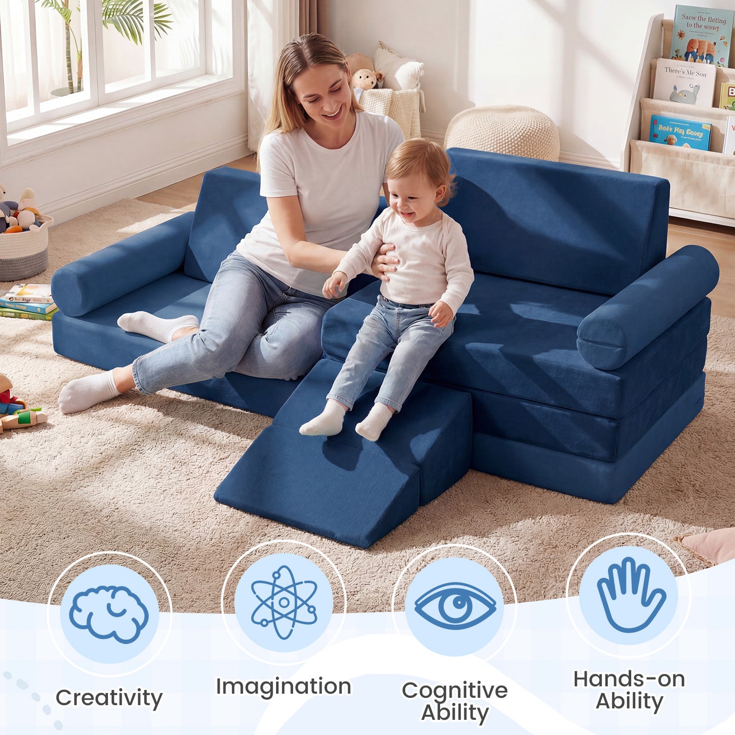 LIVSK Kinderbankset - 10 Delen - Zacht Kristalvelours - Veilig Ontwerp - Compact Opbergbaar - Blauw/Grijs