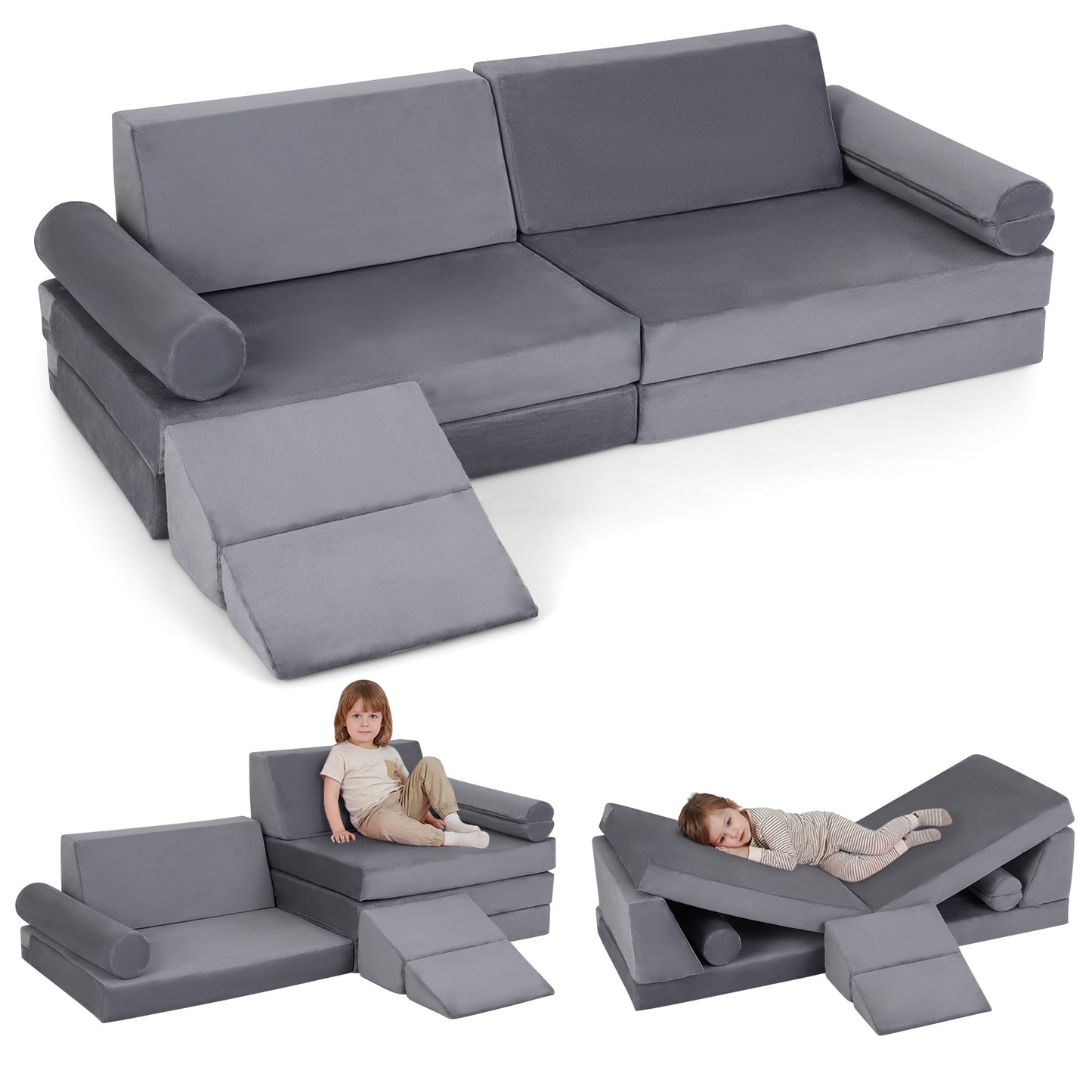 LIVSK Kinderbankset - 10 Delen - Zacht Kristalvelours - Veilig Ontwerp - Machinewasbare Hoezen - Blauw/Grijs