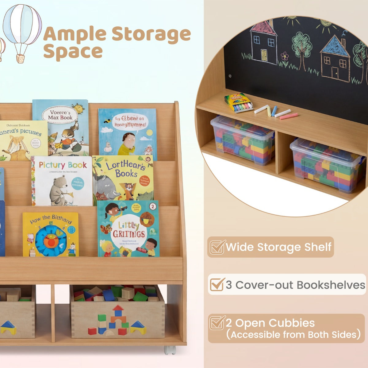 LIVSK Kinderboekenkast - 3 Legplanken - Krijtbord - Verplaatsbaar met Wieltjes - Kindvriendelijke Hoogte - Naturel