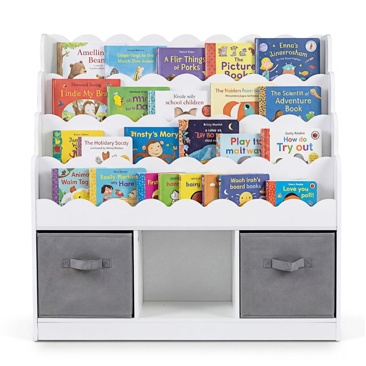 LIVSK Kinderboekenkast - 4 Planken - 3 Open Vakken - 2 Opklapbare Lades - Veilig en Stabiel - Wit