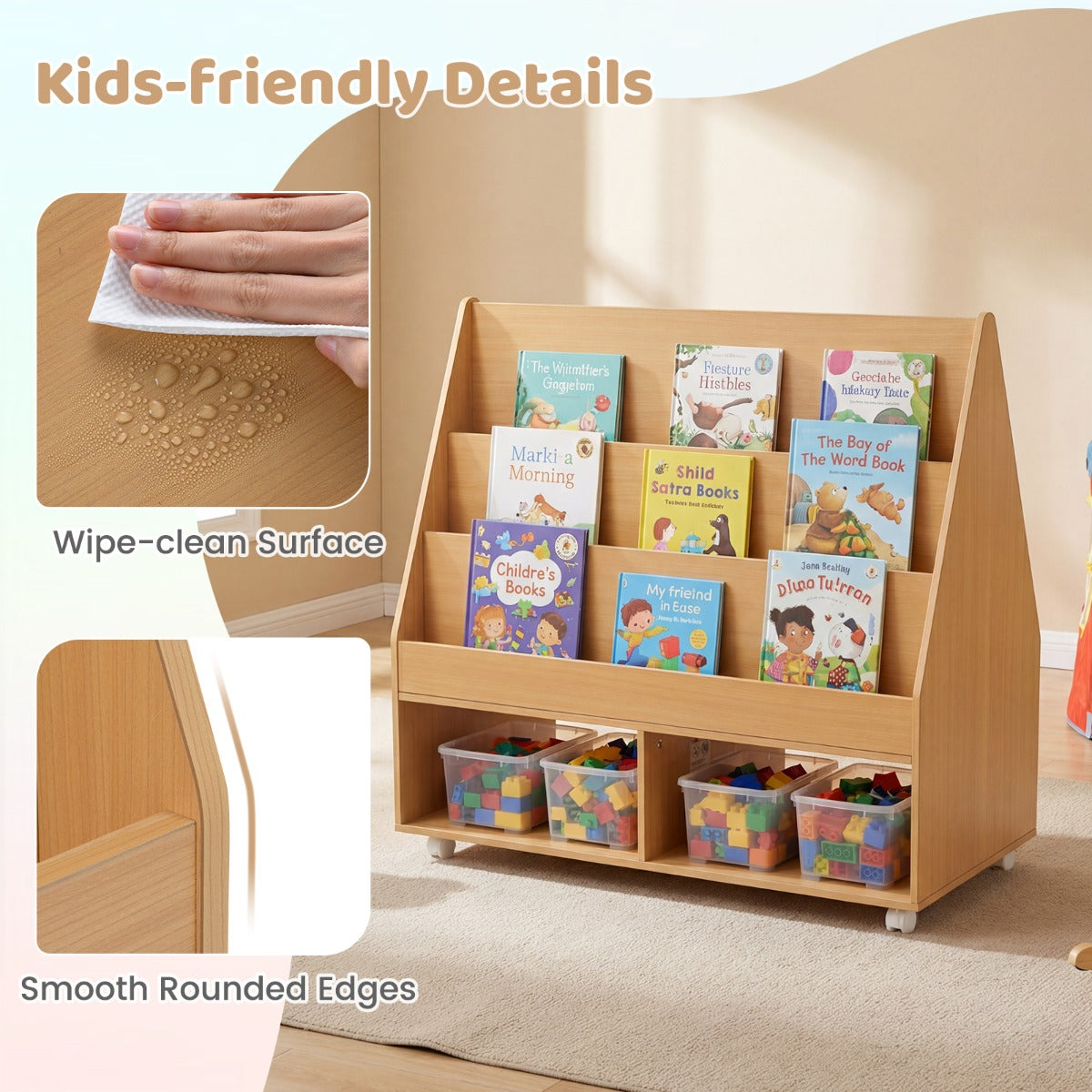 LIVSK Kinderboekenkast - Drie Planken - Krijtbord - Wieltjes voor Flexibiliteit - Kindvriendelijk - Naturel