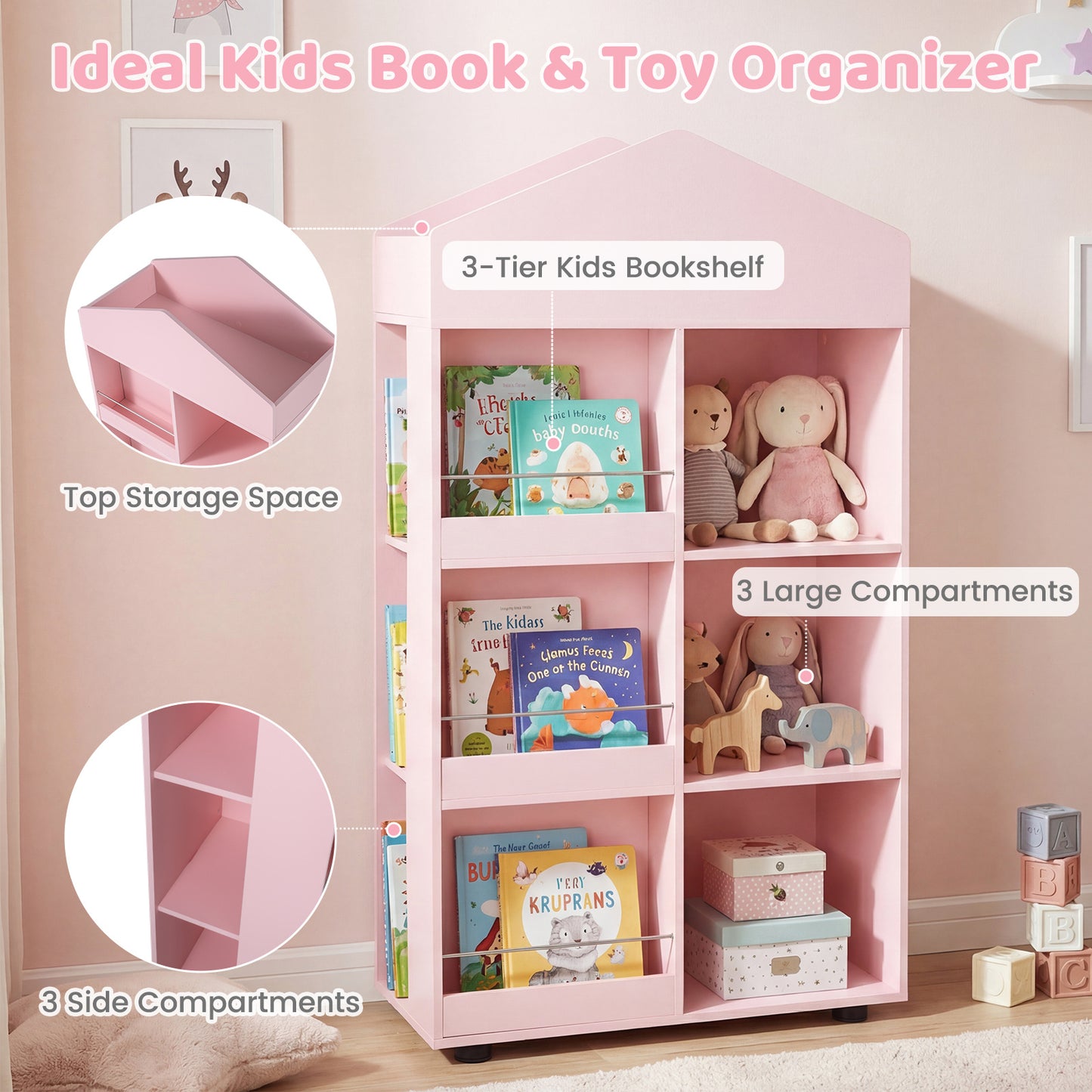 LIVSK Kinderboekenkast - Kindvriendelijk Design - Robuust Hout & MDF - 3 Boekenplanken - Kantelbeveiliging - Natuur/Roze