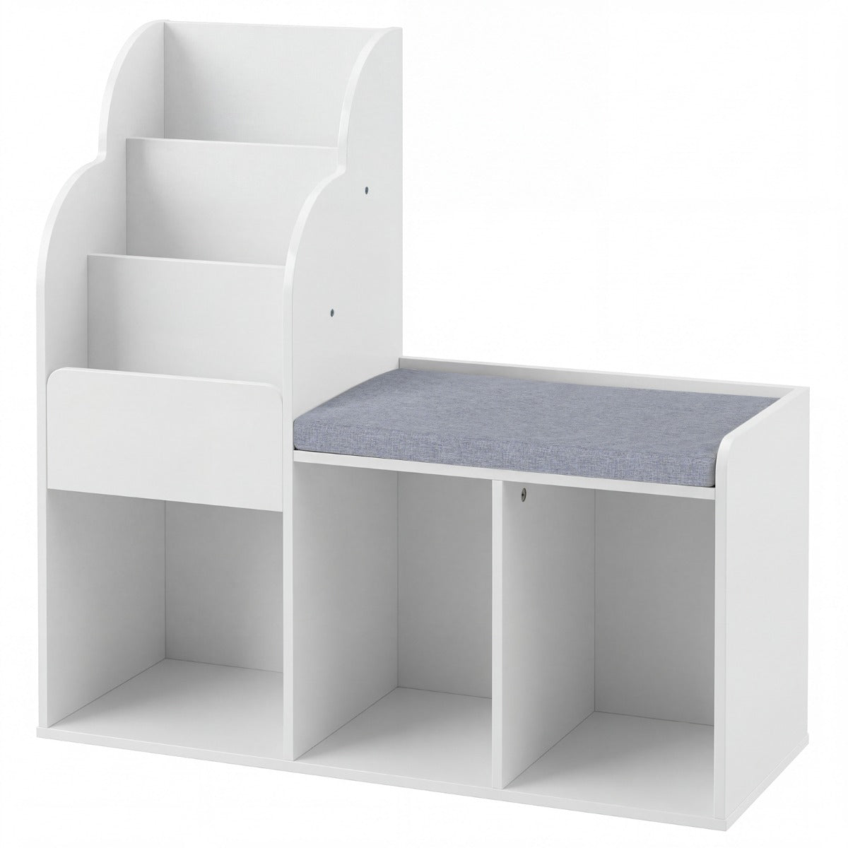 LIVSK Kinderboekenkast met Zitbank - 3 Planken en 3 Vakken - Robuust MDF - Kindvriendelijk Ontwerp - Wit + Grijs