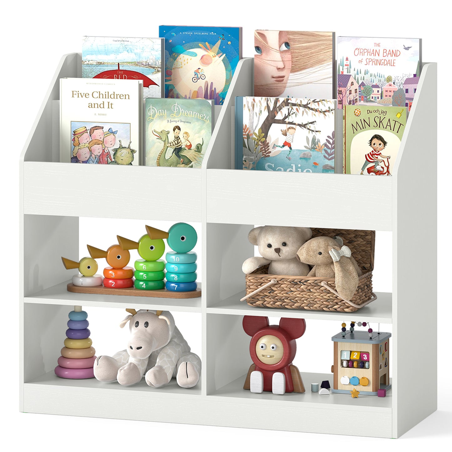 LIVSK Kinderboekenplank - Hoogte 80 cm - 4 Planken en 4 Open Vakken - Veilig Hout - Natuur/Wit