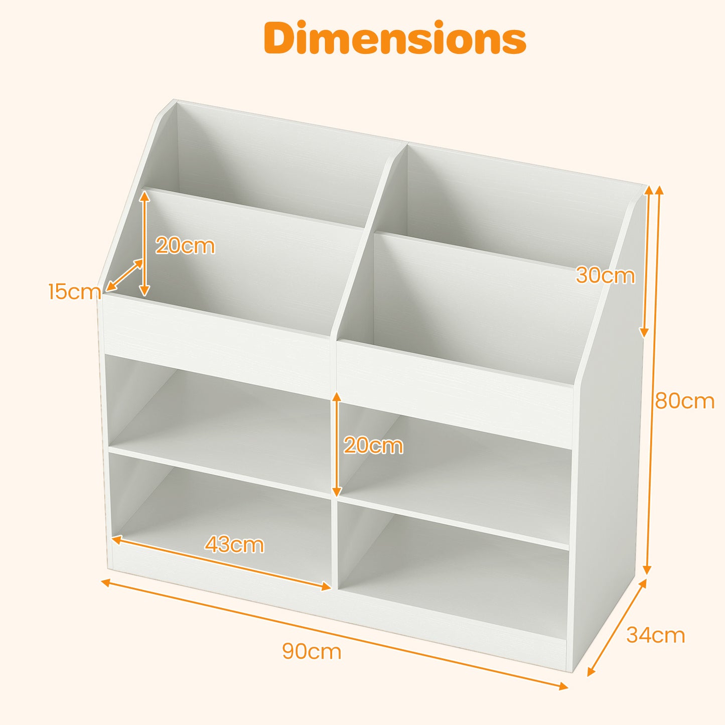 LIVSK Kinderboekenplank - Hoogte 80 cm - 4 Planken en 4 Open Vakken - Veilig Hout - Natuur/Wit