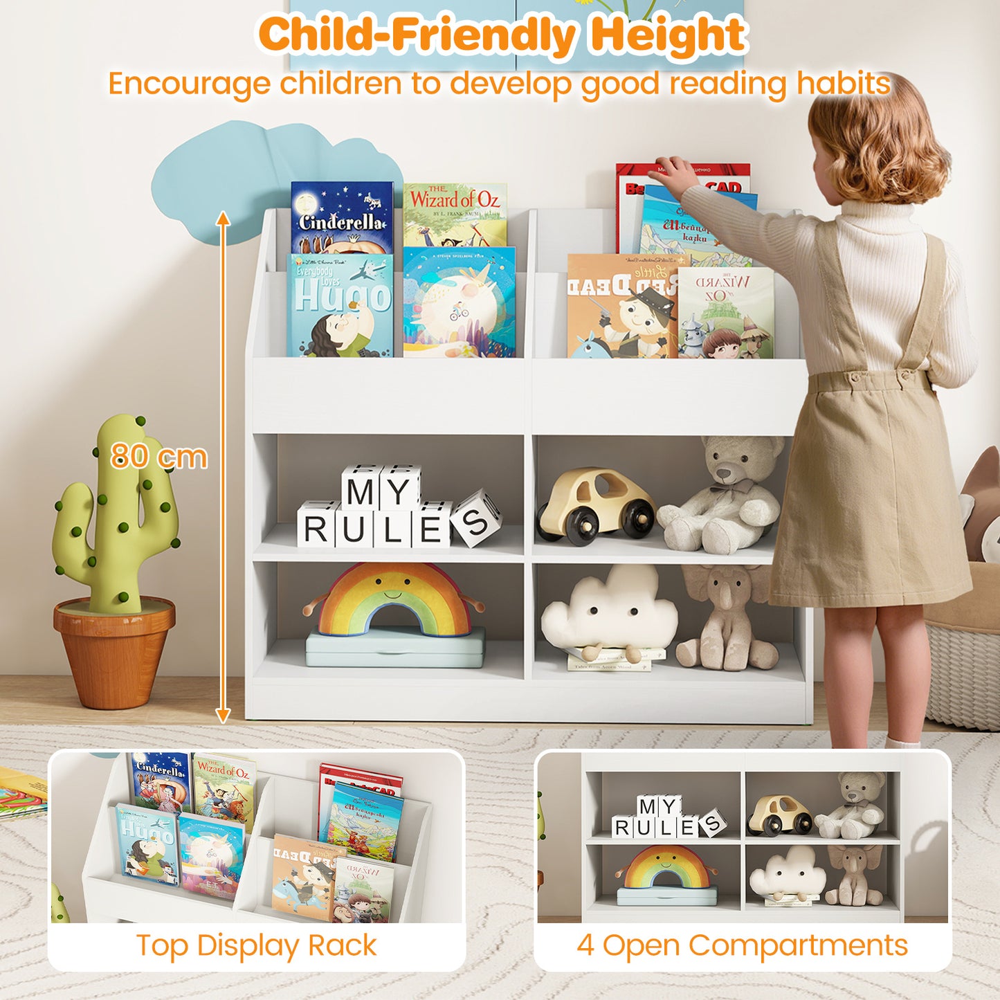 LIVSK Kinderboekenplank - Hoogte 80 cm - 4 Planken en 4 Open Vakken - Veilig Hout - Natuur/Wit