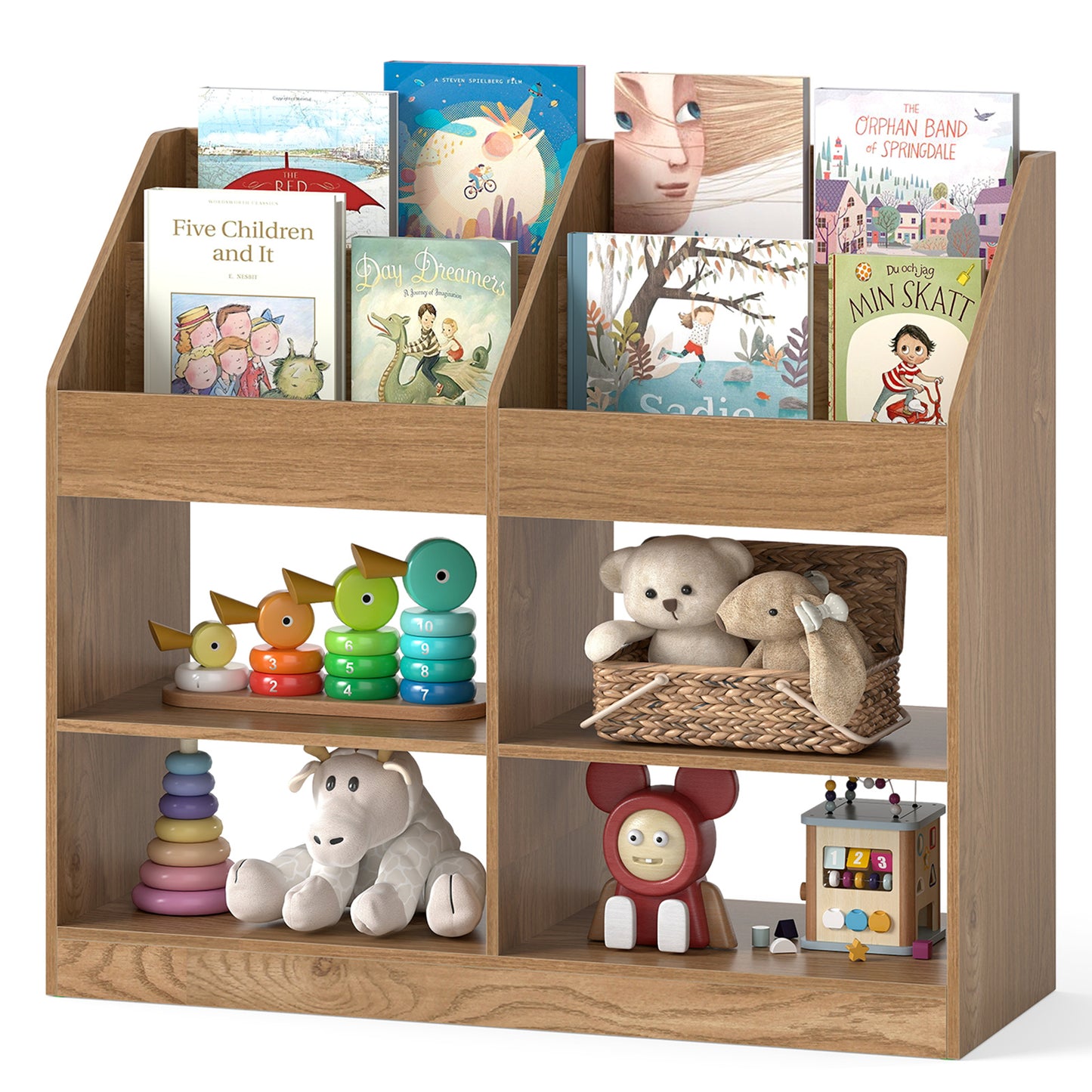 LIVSK Kinderboekenplank - Hoogwaardig Hout - 4 Planken en Open Vakken - Veilig Ontwerp - 80 cm Hoog - Natuur/Wit